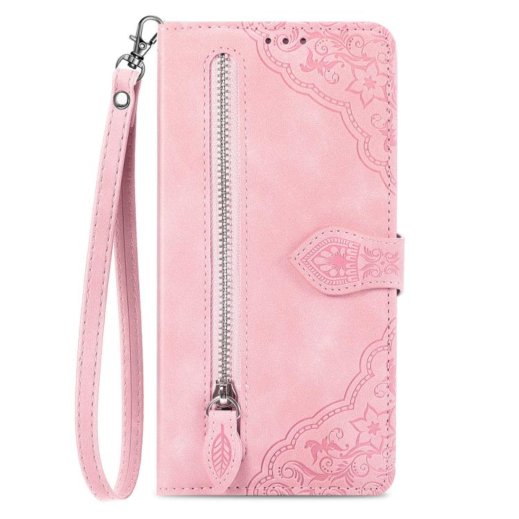 For iPhone 16e Embossed Flower Zipper Leather Phone Case(Pink)