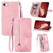 For iPhone 16e Embossed Flower Zipper Leather Phone Case(Pink)