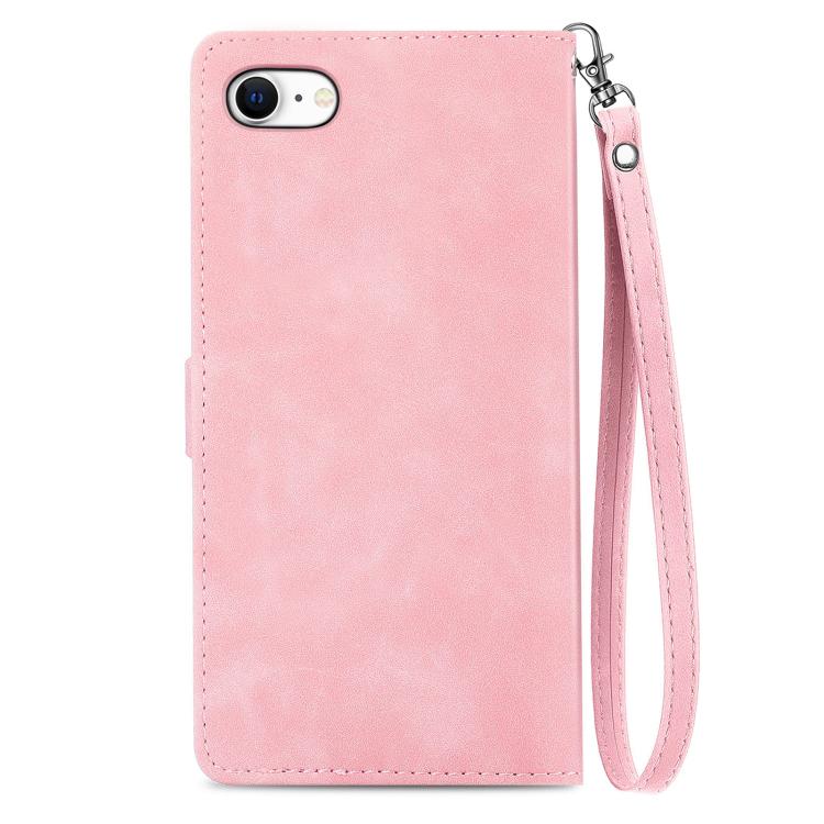 For iPhone 16e Embossed Flower Zipper Leather Phone Case(Pink)