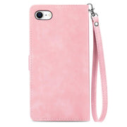 For iPhone 16e Embossed Flower Zipper Leather Phone Case(Pink)