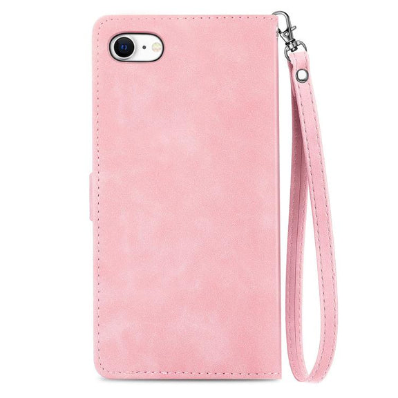 For iPhone 16e Embossed Flower Zipper Leather Phone Case(Pink)