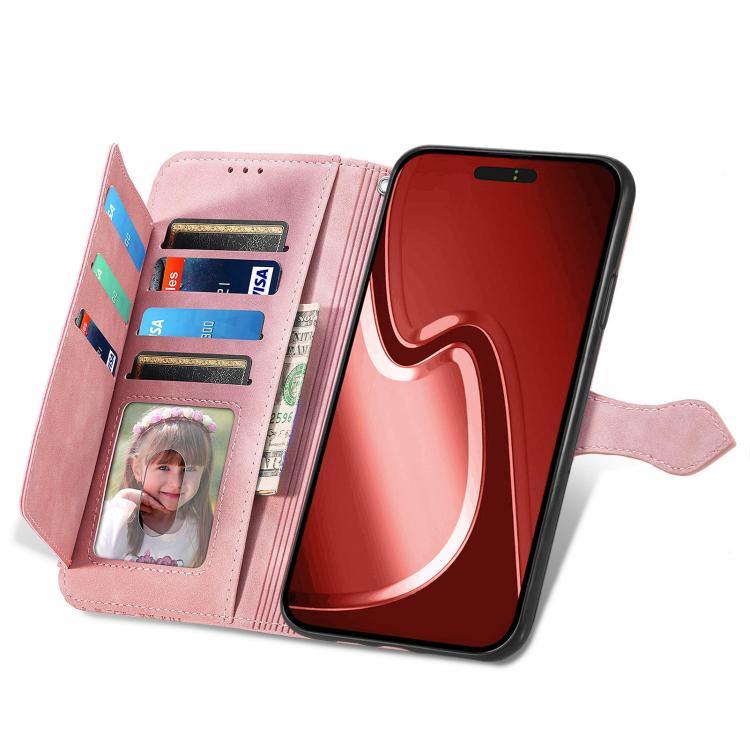 For iPhone 16e Embossed Flower Zipper Leather Phone Case(Pink)