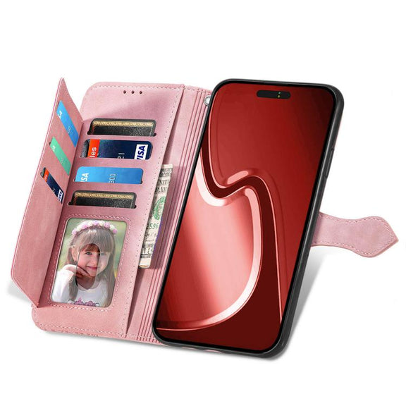 For iPhone 16e Embossed Flower Zipper Leather Phone Case(Pink)
