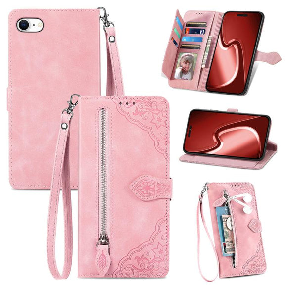For iPhone 16e Embossed Flower Zipper Leather Phone Case(Pink)