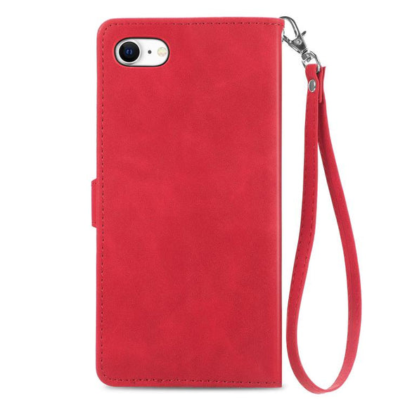 For iPhone 16e Embossed Flower Zipper Leather Phone Case(Red)