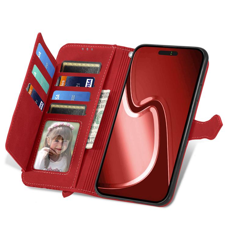 For iPhone 16e Embossed Flower Zipper Leather Phone Case(Red)