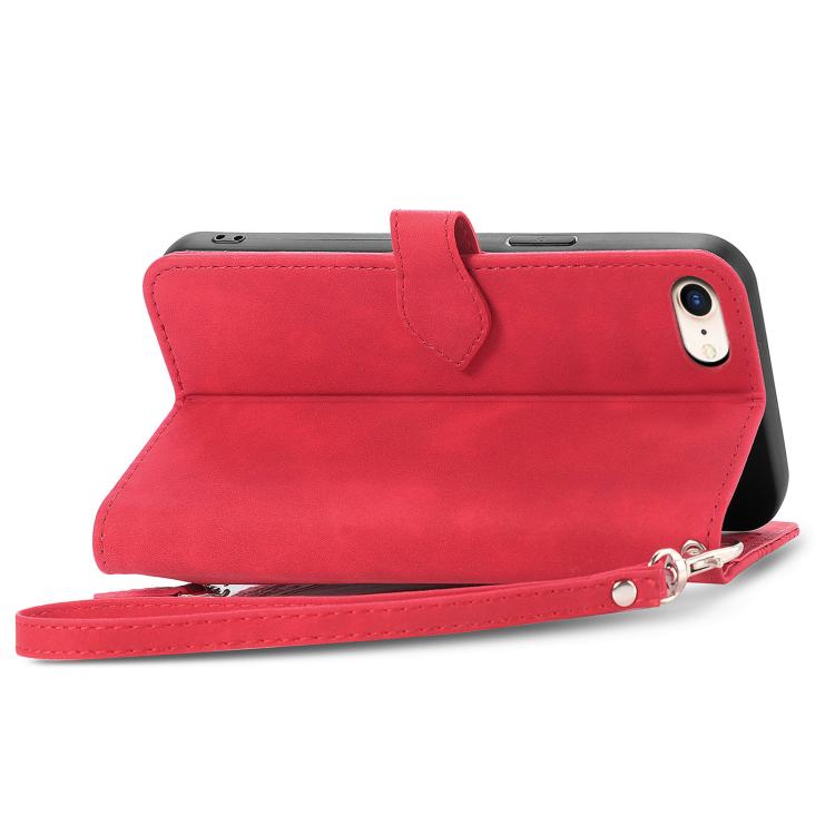For iPhone 16e Embossed Flower Zipper Leather Phone Case(Red)