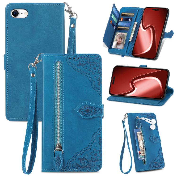 For iPhone 16e Embossed Flower Zipper Leather Phone Case(Blue)