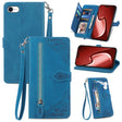 For iPhone 16e Embossed Flower Zipper Leather Phone Case(Blue) - iPhone 16e Cases by PMC TechLife | Online Shopping South Africa | PMC TechLife | Buy Now Pay Later Mobicred
