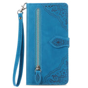 For iPhone 16e Embossed Flower Zipper Leather Phone Case(Blue)