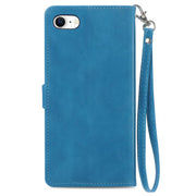 For iPhone 16e Embossed Flower Zipper Leather Phone Case(Blue)
