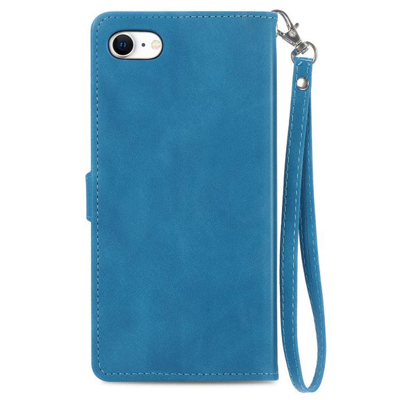 For iPhone 16e Embossed Flower Zipper Leather Phone Case(Blue)