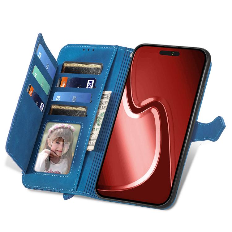 For iPhone 16e Embossed Flower Zipper Leather Phone Case(Blue)