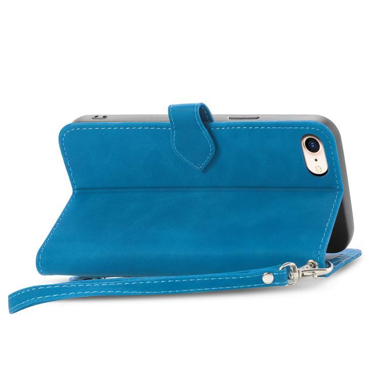 For iPhone 16e Embossed Flower Zipper Leather Phone Case(Blue)