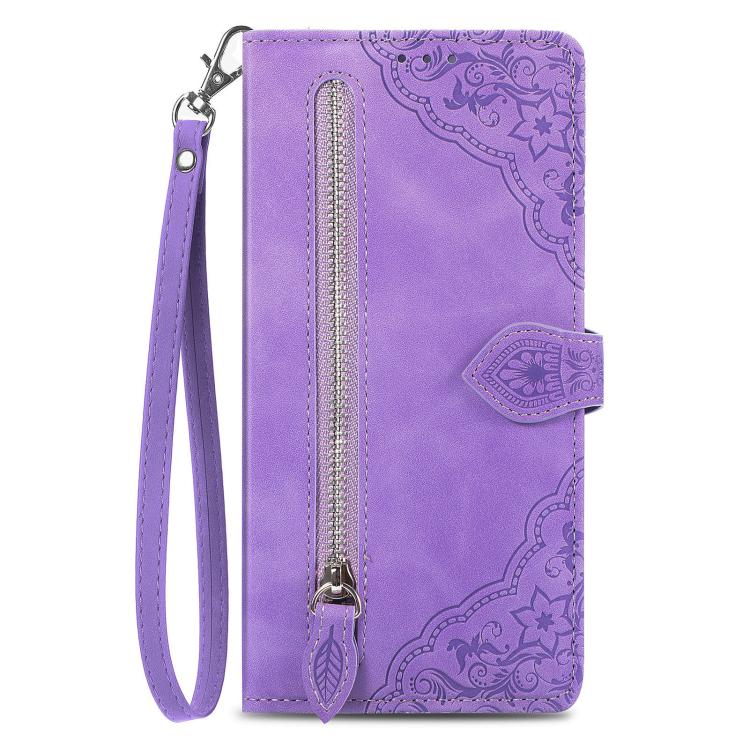 For iPhone 16e Embossed Flower Zipper Leather Phone Case(Purple)