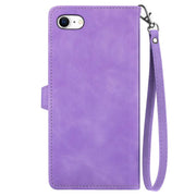 For iPhone 16e Embossed Flower Zipper Leather Phone Case(Purple)