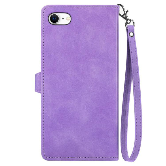 For iPhone 16e Embossed Flower Zipper Leather Phone Case(Purple)