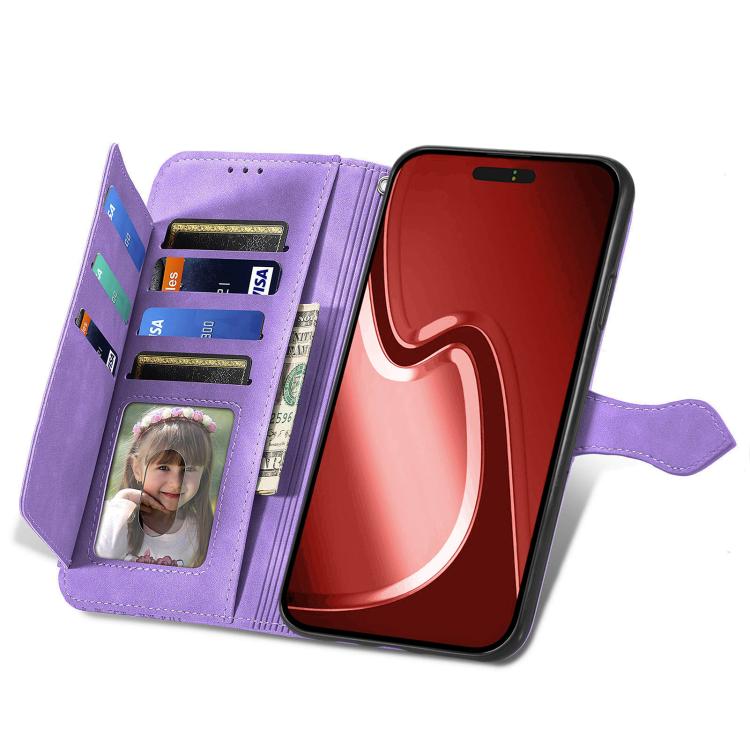 For iPhone 16e Embossed Flower Zipper Leather Phone Case(Purple)
