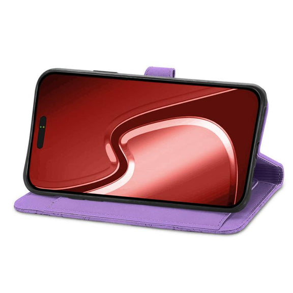 For iPhone 16e Embossed Flower Zipper Leather Phone Case(Purple)