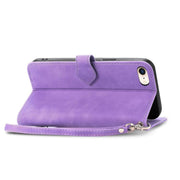 For iPhone 16e Embossed Flower Zipper Leather Phone Case(Purple)
