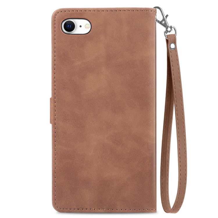 For iPhone 16e Embossed Flower Zipper Leather Phone Case(Brown)