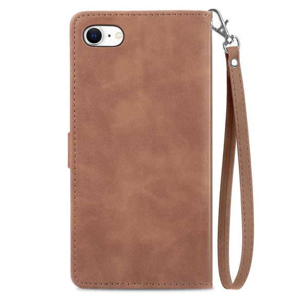 For iPhone 16e Embossed Flower Zipper Leather Phone Case(Brown)