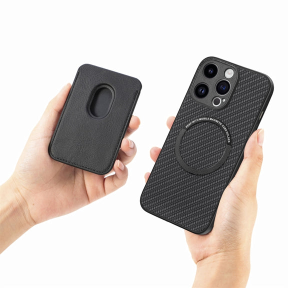 For iPhone 15 Pro Max Carbon Fiber Leather Card Magsafe Phone Case(Black)