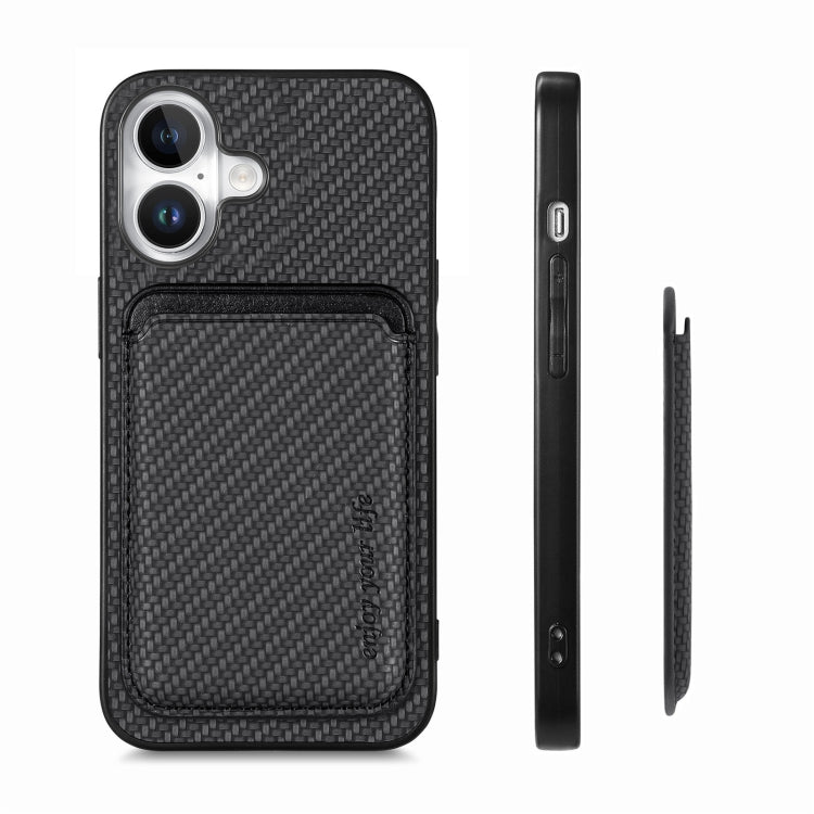 For iPhone 16 Carbon Fiber Leather Card Magsafe Phone Case(Black)