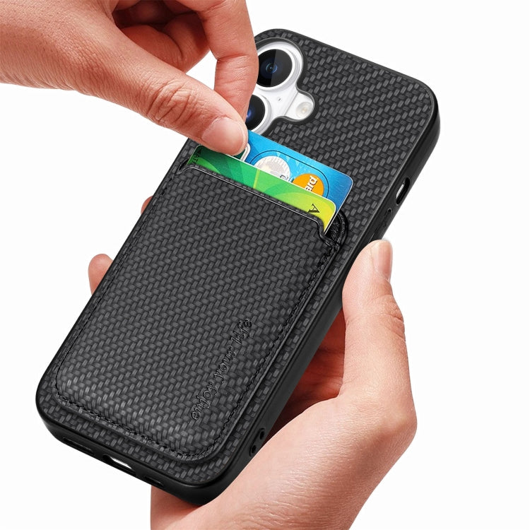 For iPhone 16 Carbon Fiber Leather Card Magsafe Phone Case(Black)
