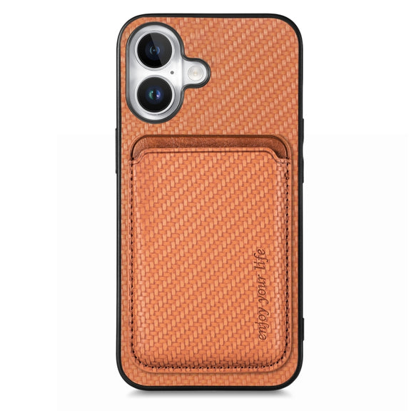 For iPhone 16 Carbon Fiber Leather Card Magsafe Phone Case(Brown)