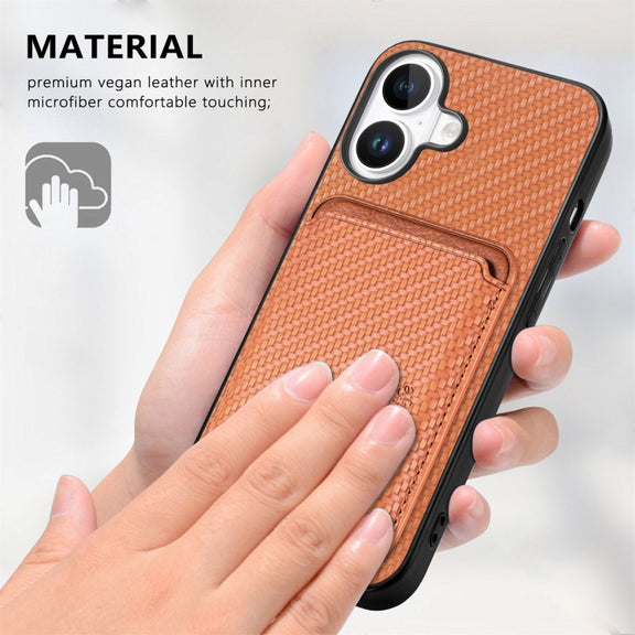 For iPhone 16 Carbon Fiber Leather Card Magsafe Phone Case(Brown)