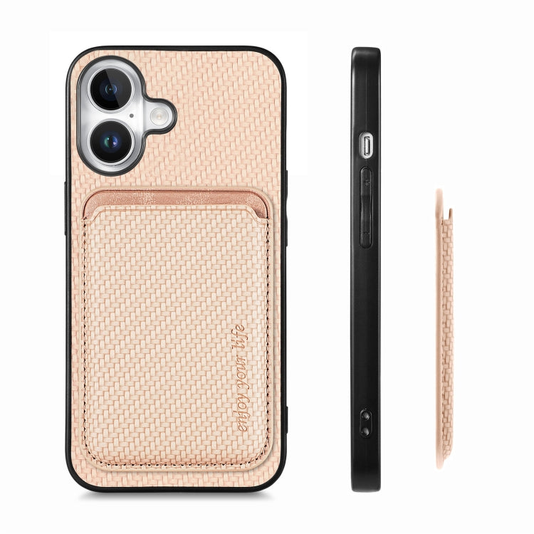 For iPhone 16 Carbon Fiber Leather Card Magsafe Phone Case(Khaki)