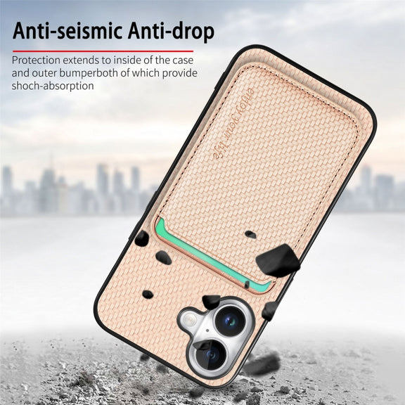 For iPhone 16 Carbon Fiber Leather Card Magsafe Phone Case(Khaki)