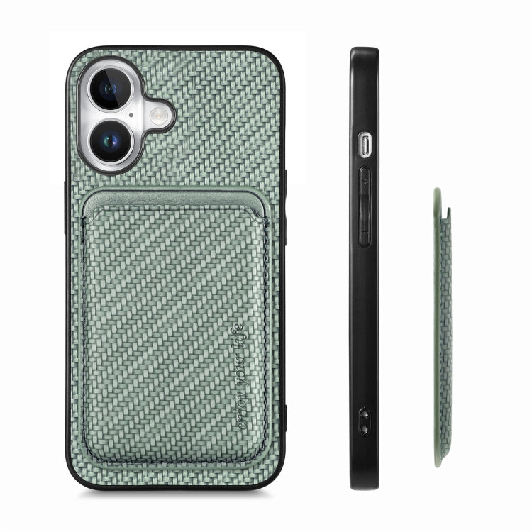 For iPhone 16 Plus Carbon Fiber Leather Card Magsafe Phone Case(Green)