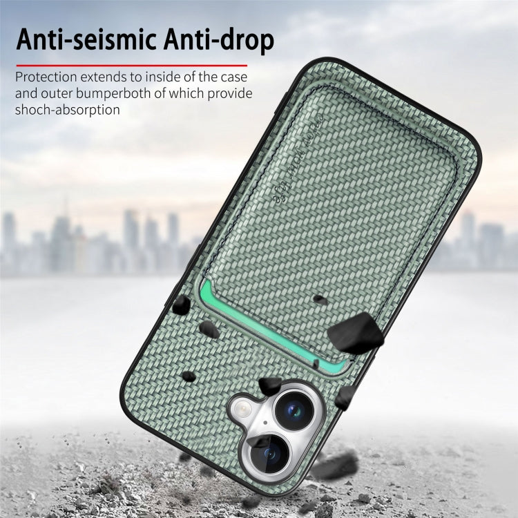 For iPhone 16 Plus Carbon Fiber Leather Card Magsafe Phone Case(Green)