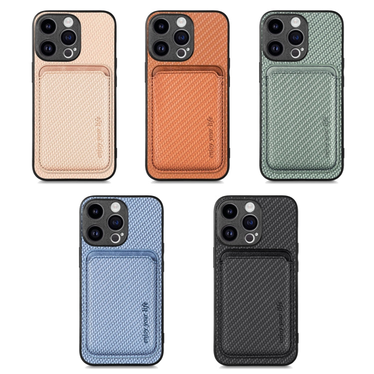 For iPhone 15 Plus Carbon Fiber Leather Card Magsafe Phone Case(Brown)