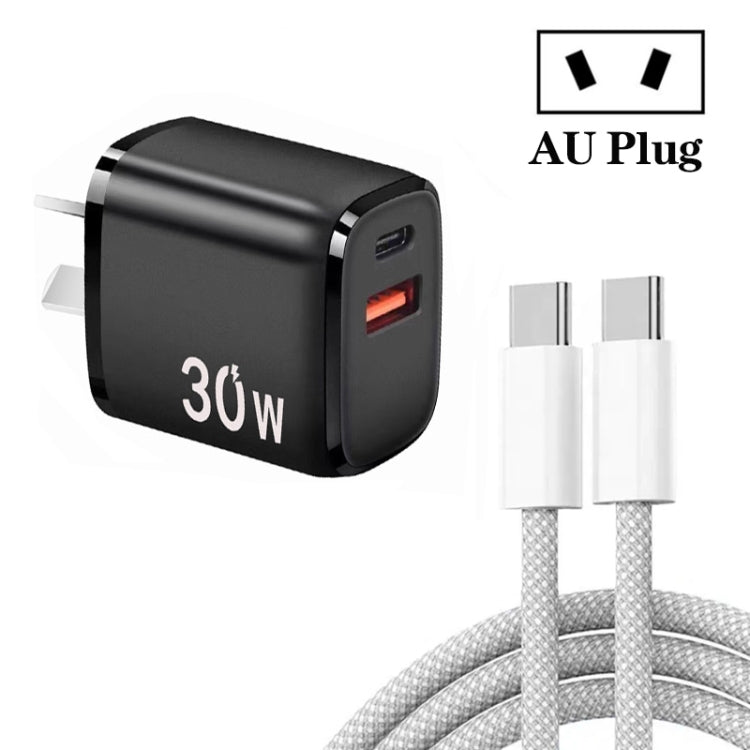 PD30W USB-C / Type-C + QC3.0 USB Charger with 1m Type-C to Type-C Data Cable, AU Plug(Black)
