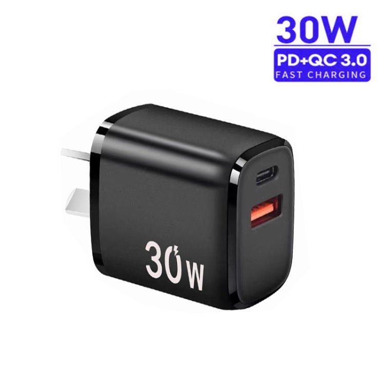 PD30W USB-C / Type-C + QC3.0 USB Charger with 1m Type-C to Type-C Data Cable, AU Plug(Black)