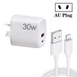 PD30W USB-C / Type-C + QC3.0 USB Charger with 1m USB to 8 Pin Data Cable, AU Plug(White) - free shipping - PMC TechLife - Order now!