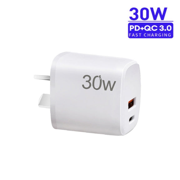 PD30W USB-C / Type-C + QC3.0 USB Charger with 1m USB to 8 Pin Data Cable, AU Plug(White)