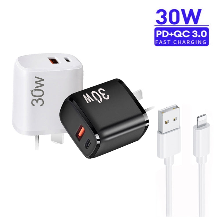 PD30W USB-C / Type-C + QC3.0 USB Charger with 1m USB to 8 Pin Data Cable, AU Plug(White)