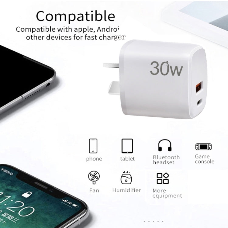 PD30W USB-C / Type-C + QC3.0 USB Charger with 1m USB to 8 Pin Data Cable, AU Plug(White)