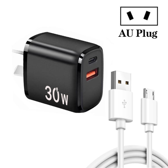 PD30W USB-C / Type-C + QC3.0 USB Charger with 1m USB to Micro USB Data Cable, AU Plug(Black)