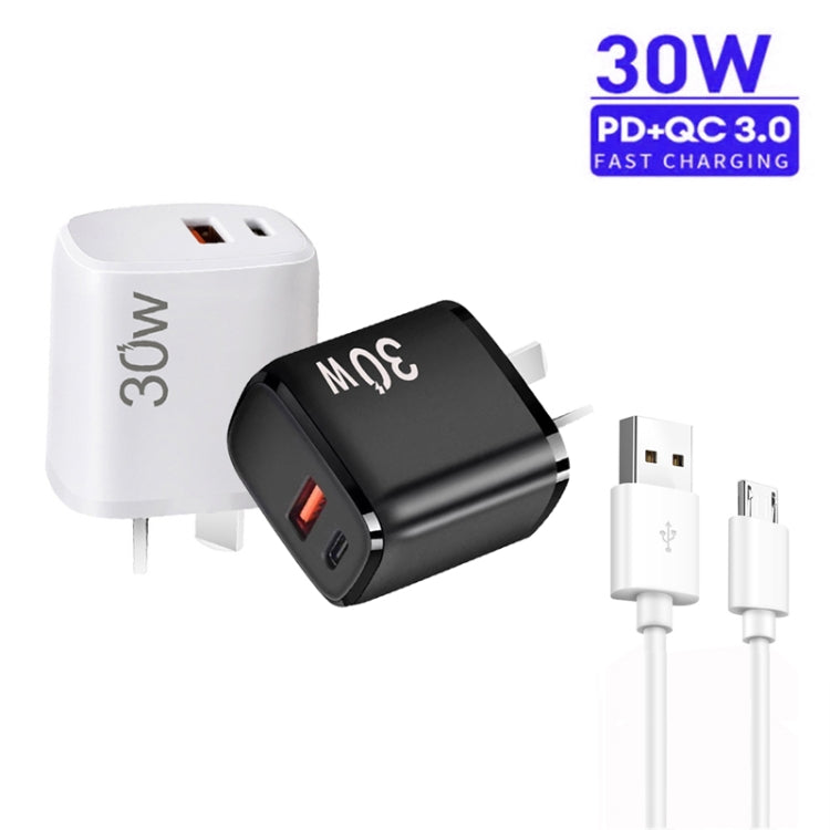 PD30W USB-C / Type-C + QC3.0 USB Charger with 1m USB to Micro USB Data Cable, AU Plug(White)