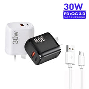 PD30W USB-C / Type-C + QC3.0 USB Charger with 1m USB to Micro USB Data Cable, AU Plug(White)