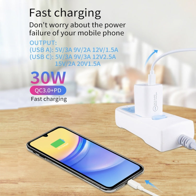 PD30W USB-C / Type-C + QC3.0 USB Charger with 1m USB to Micro USB Data Cable, AU Plug(White)
