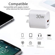 PD30W USB-C / Type-C + QC3.0 USB Charger with 1m USB to Micro USB Data Cable, AU Plug(White)