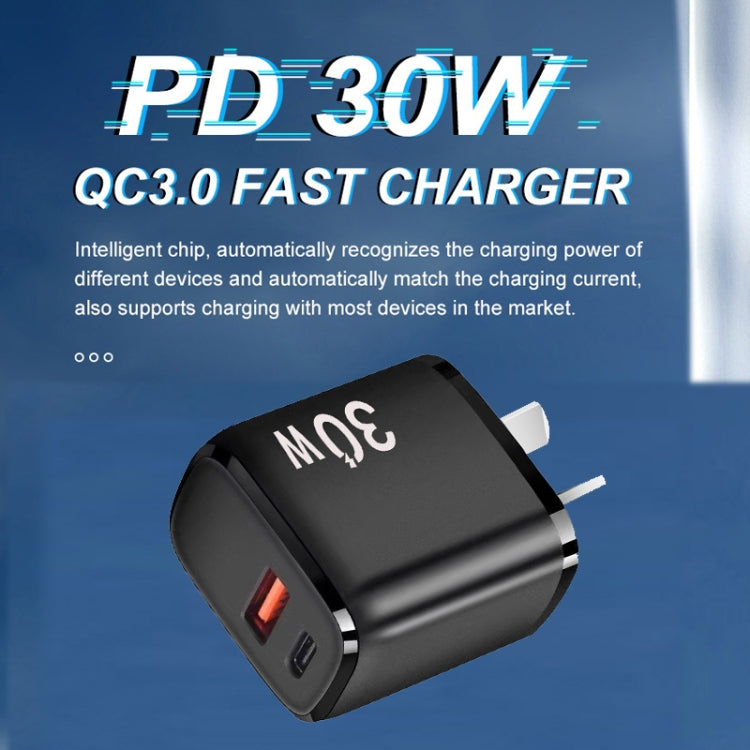 PD30W USB-C / Type-C + QC3.0 USB Charger with 1m USB to Micro USB Data Cable, AU Plug(White)