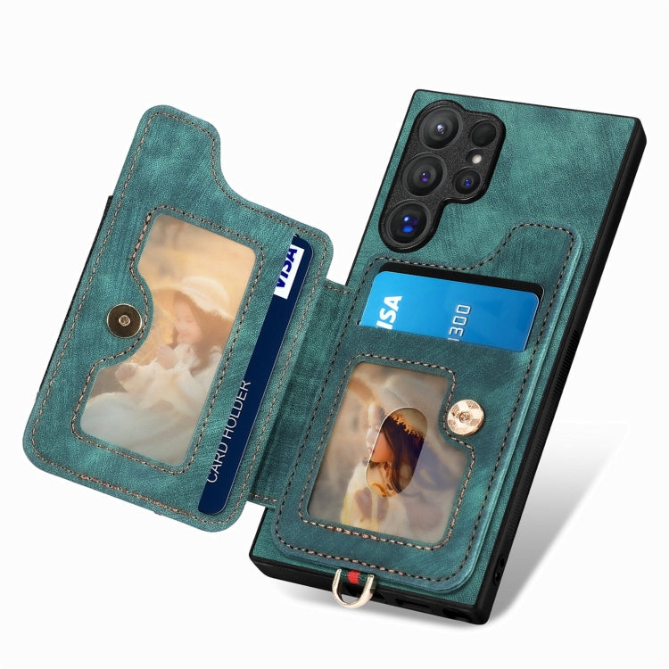 For Samsung Galaxy S25 Ultra 5G Retro Skin-feel Ring Multi-card Wallet Phone Case(Green)
