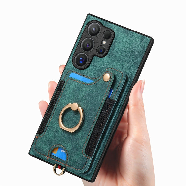 For Samsung Galaxy S25 Ultra 5G Retro Skin-feel Ring Multi-card Wallet Phone Case(Green)